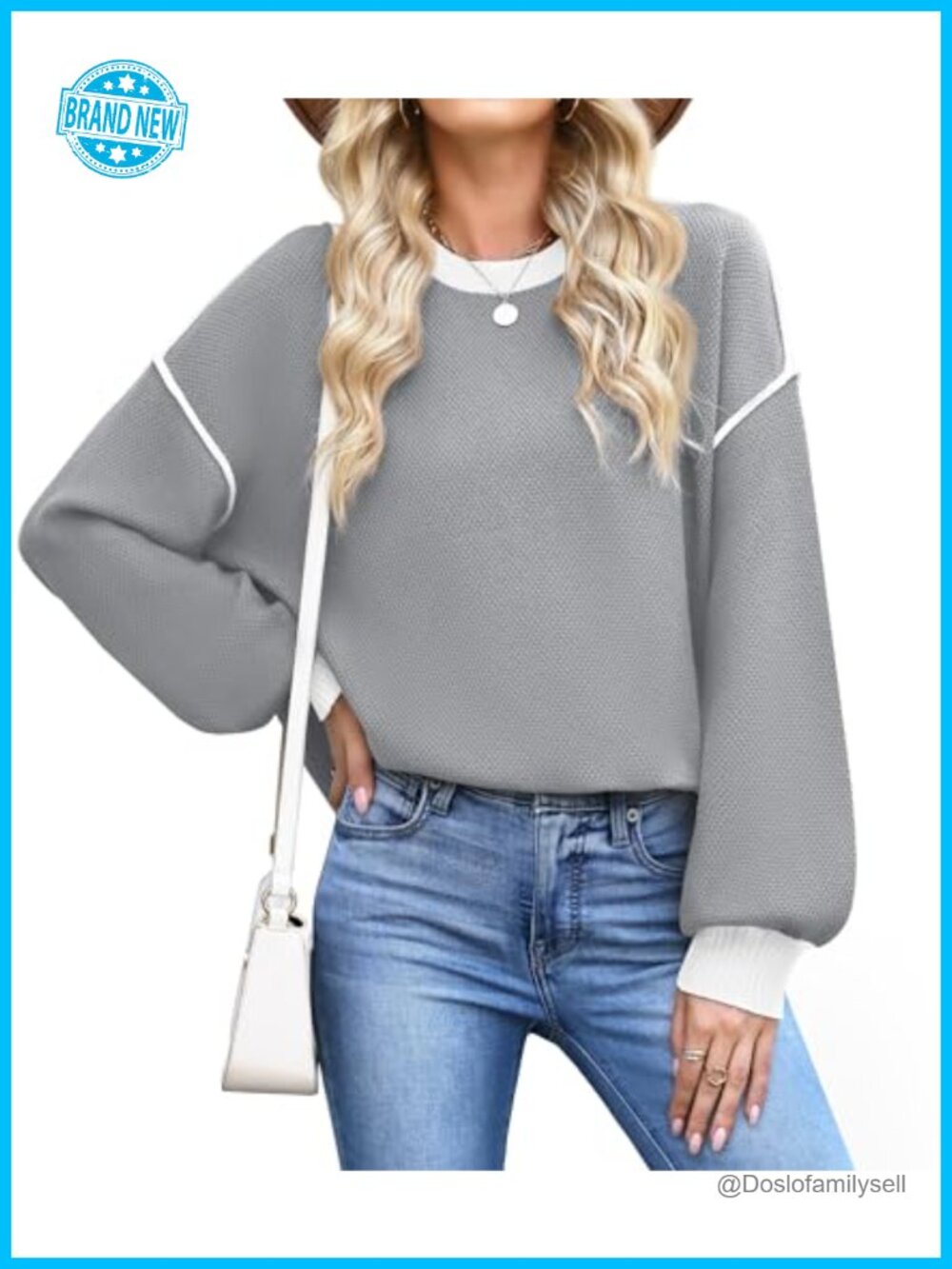 Women's Crew Neck Long Sleeve Ribbed Knit Side Slit Pullover Sweater